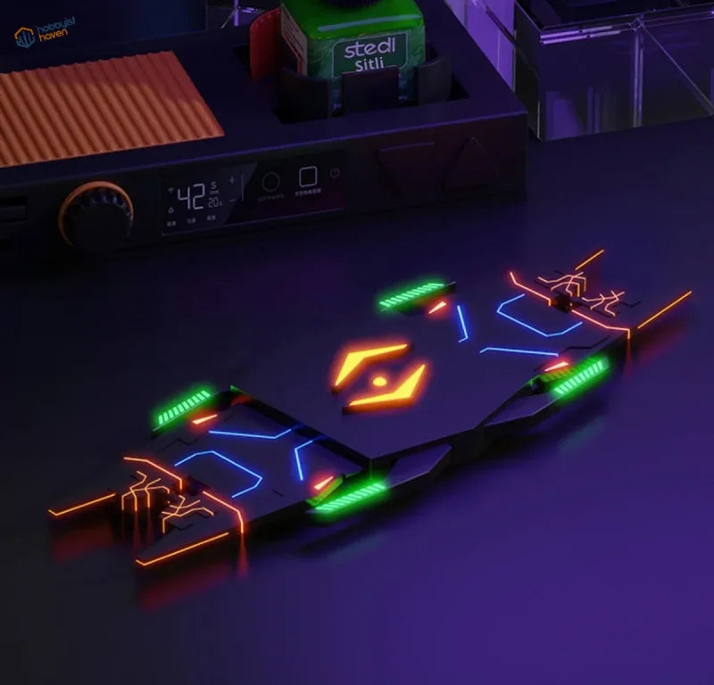 Stedi 40g water-based fluorescent panel liner paints on sleek black gaming mousepad with neon LED strips