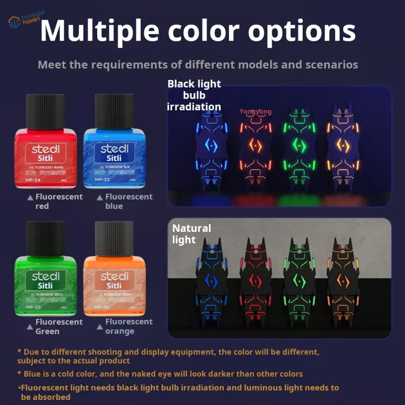Stedi 40g water-based fluorescent panel liner paints in red, blue, green, orange for resin garage kits