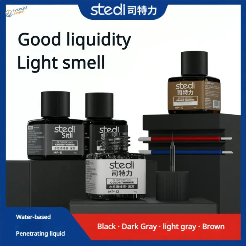 Stedi acrylic panel liner with water-based color thinners in glass bottles