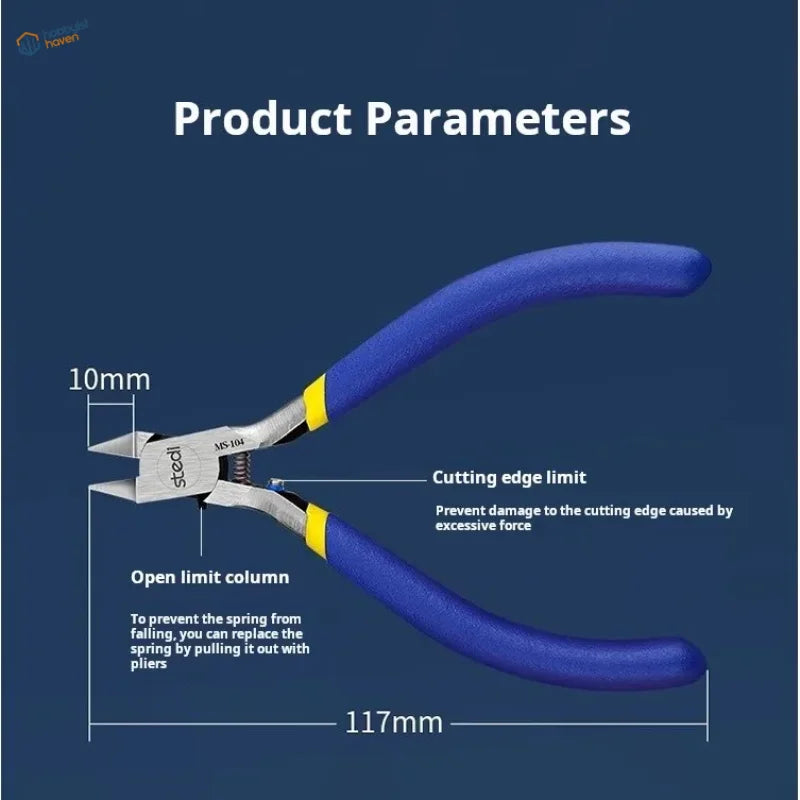 Blue-handled scool ms-104 precision diagonal cutters with yellow accents and metallic jaws for model building tools
