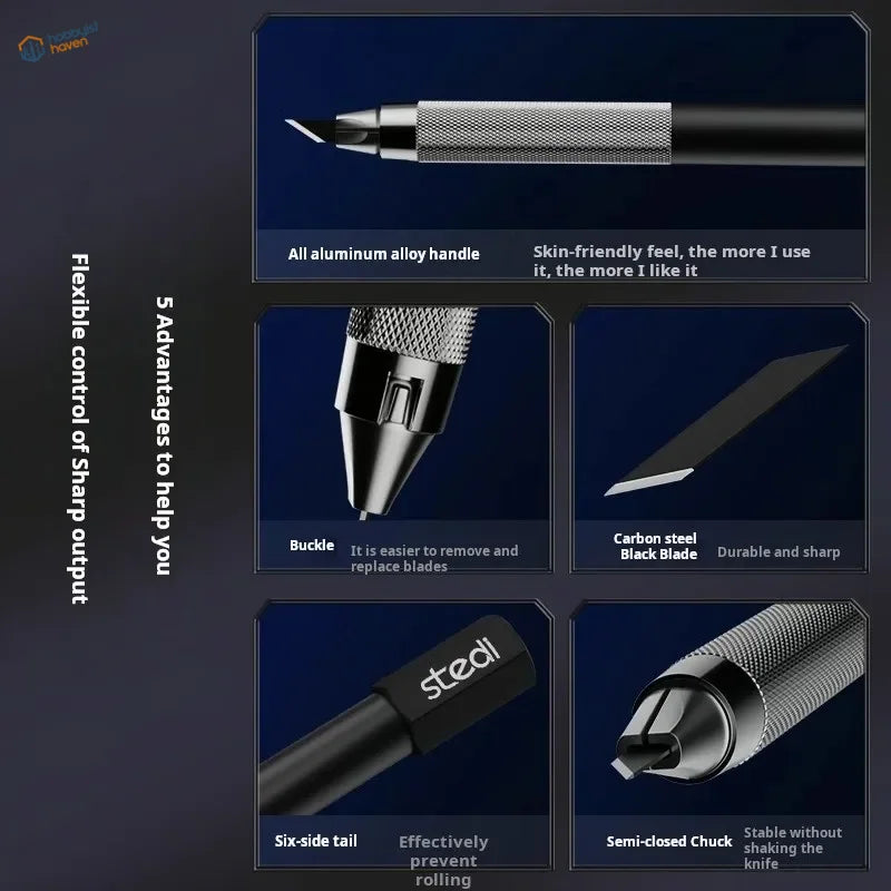 Silver aluminum alloy craft knife with black carbon steel blade and textured grip for Stedi Gundam scale modeling tools