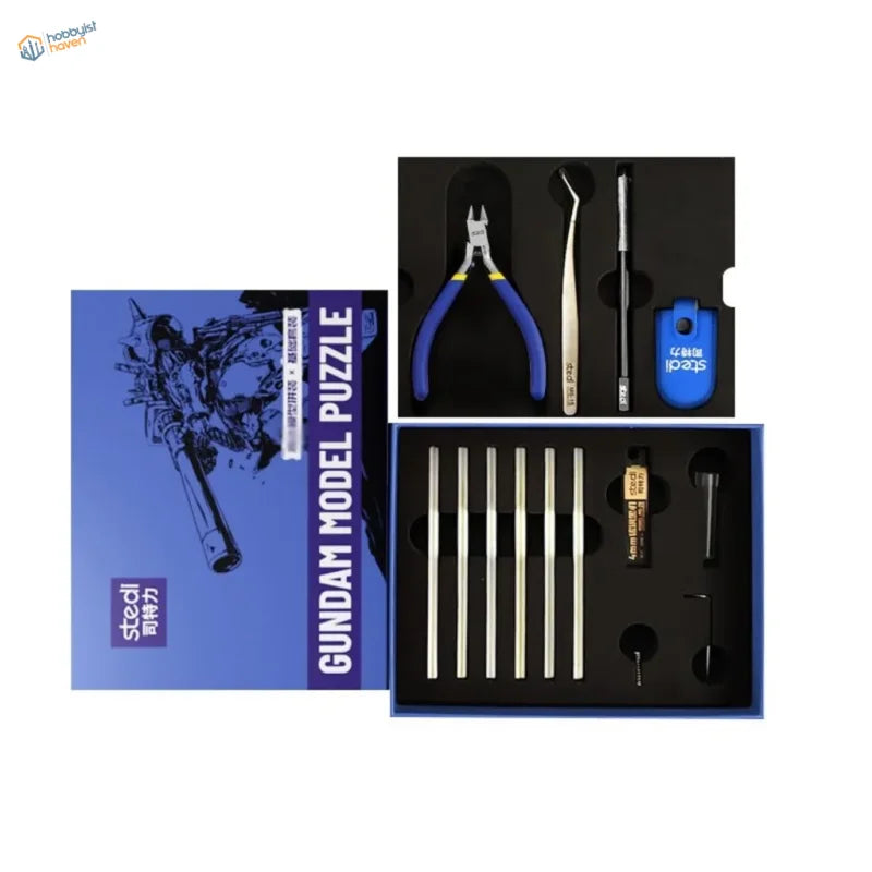 Stedi gundam blue and black model kit with precision hobby tools including pliers tweezers and scale modeling tools in branded box