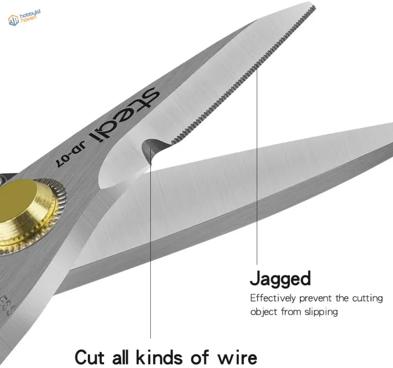 Silver stainless steel kitchen shears with gold pivot and jagged edges for wire cutting ideal for scale modeling tools