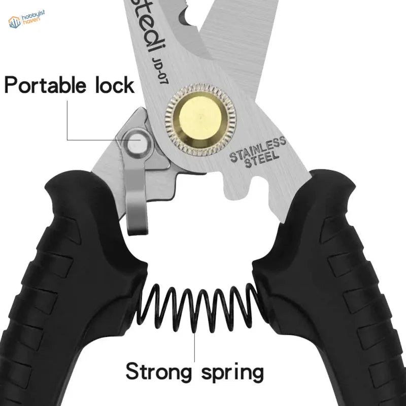 Stedi heavy-duty multipurpose hobby shears stainless steel wire cutters with black grips and gold portable lock for model building tools