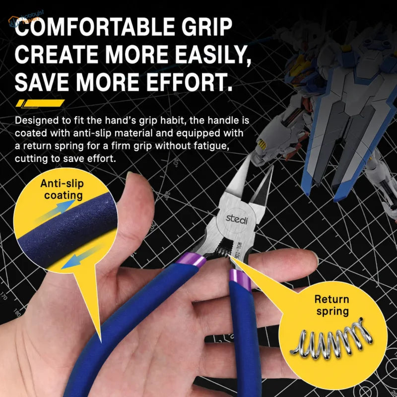 Blue-handled steel stedi large-single-blade sprue cutter with purple accents and anti-slip coating for model building tools