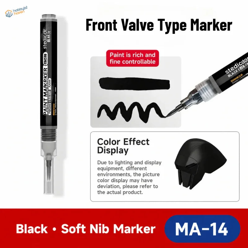Black ma-14 front valve type paint marker with soft tip and direct ink for precise detailing on scale models