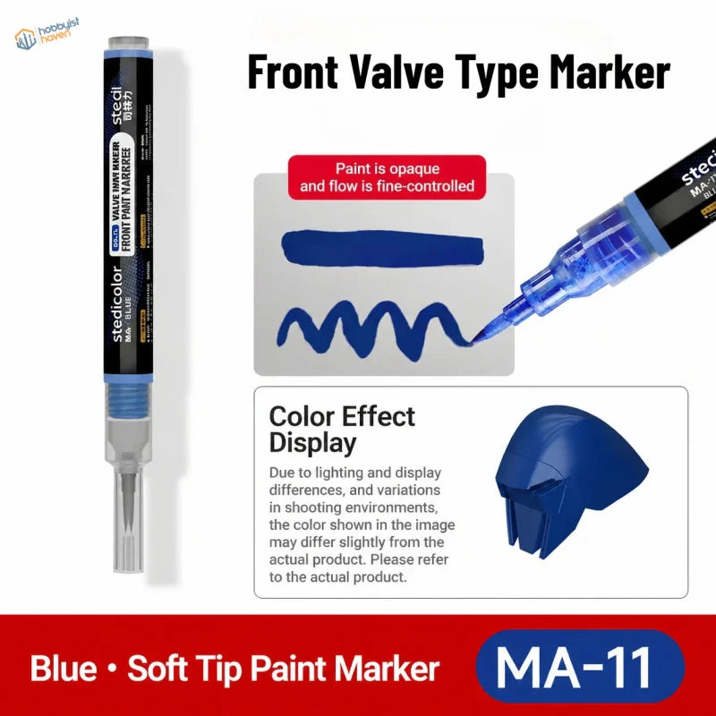 Blue ma-11 soft tip paint marker with transparent barrel and black cap for direct ink application on scale models