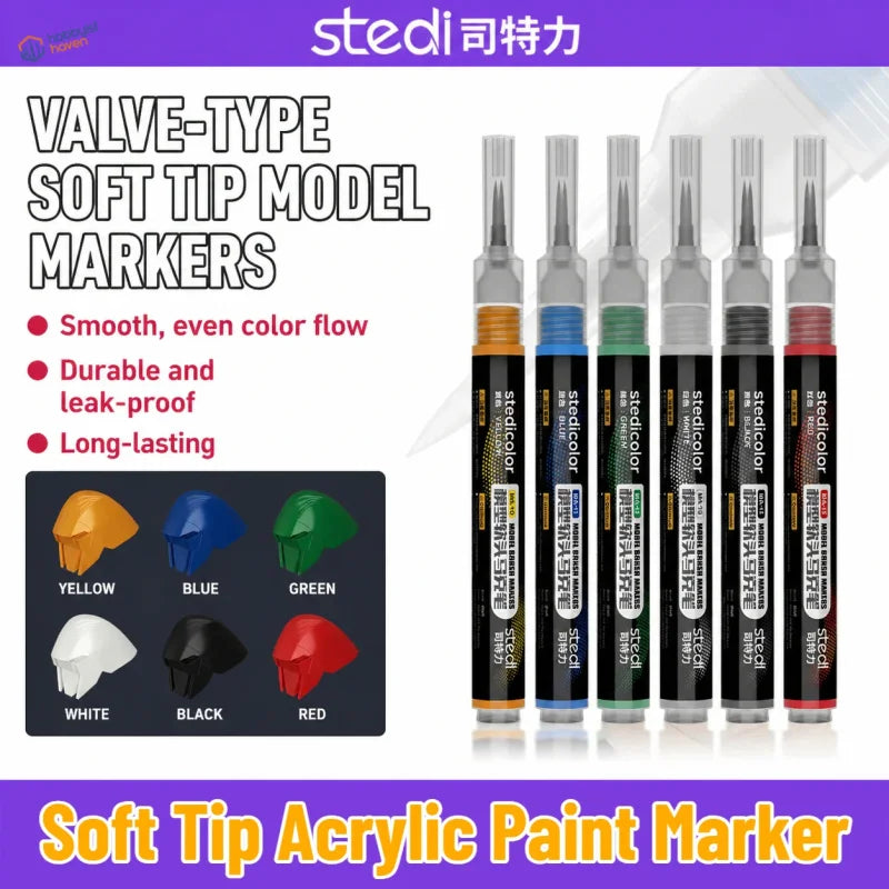Set of six valve-type soft tip Stedi MA-10~MA-15 paint markers in vibrant colors for direct ink on scale models