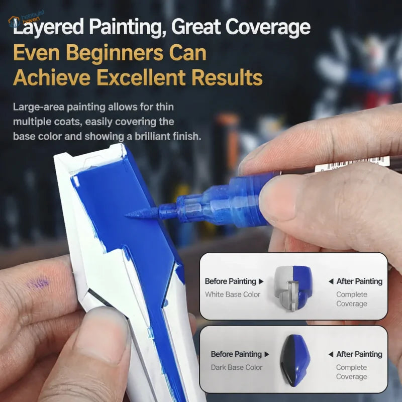 Blue soft tip Stedi MA-10 direct ink paint marker applying vibrant layers on scale models with fine precision