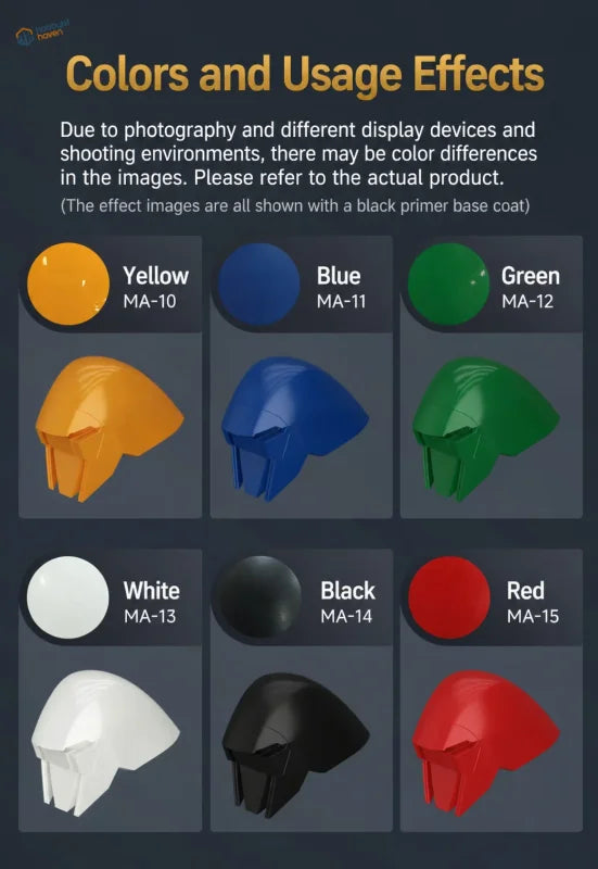 Glossy molded plastic helmets in yellow blue green white and black featuring soft tip direct ink for scale models