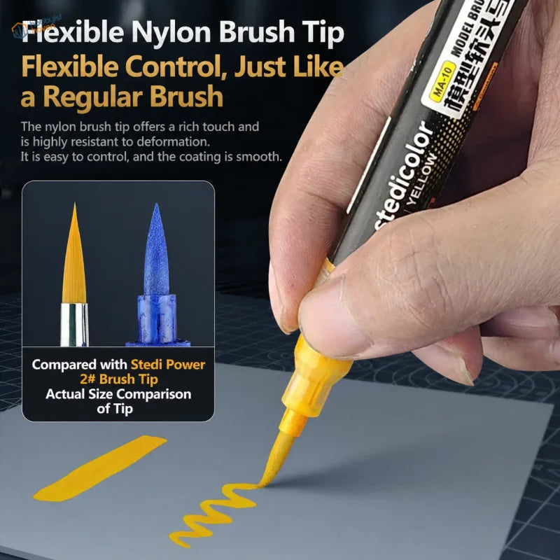 Yellow flexible nylon soft tip brush marker with direct ink for scale models by stedi ma-10 model na-10