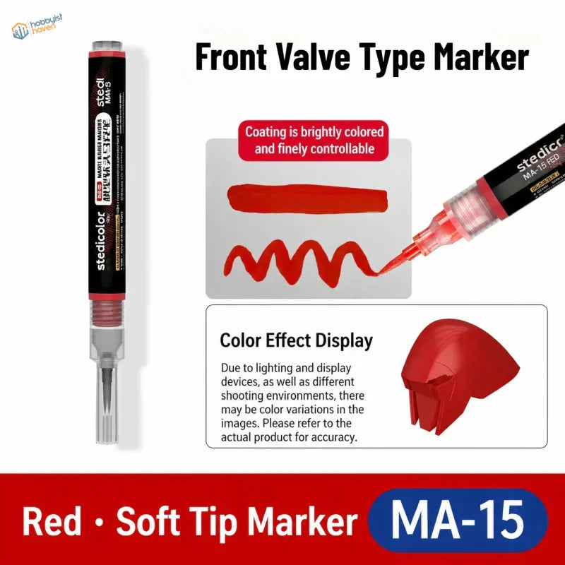 Red ma-15 soft tip paint marker with black and silver barrel and fine tip for precise direct ink on scale models