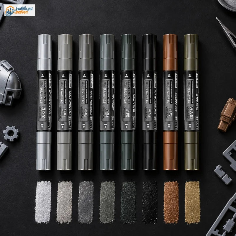 Eight Stedi dual-tip metallic paint markers in a row with matching metallic swatches on a dark workbench
