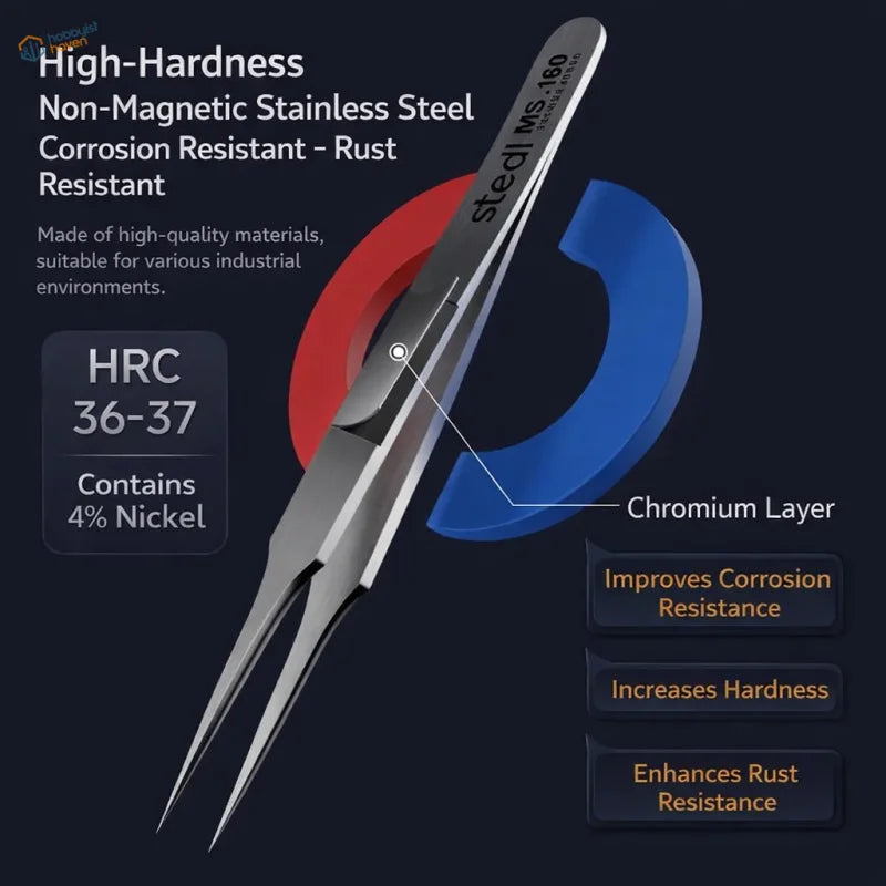 Stedi stainless steel sturdy tweezers in silver with chromium layer for corrosion resistance ideal for fine rigging small parts