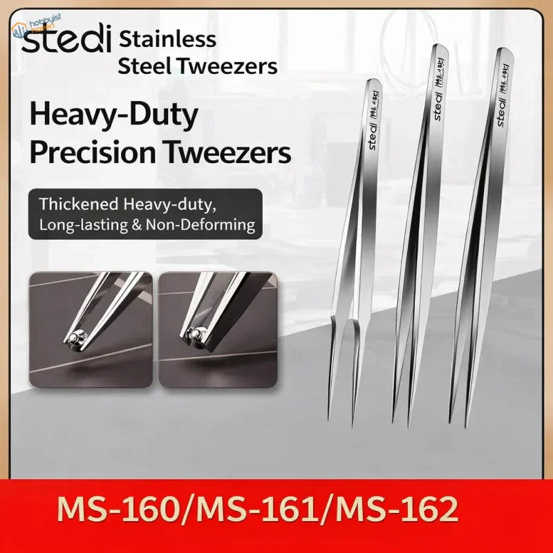 Set of three Stedi stainless steel sturdy tweezers with thickened heavy-duty construction for fine rigging and small parts
