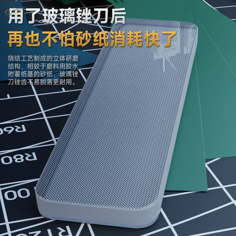 Stedi upgraded glass files with gray sandpaper textured grid surface