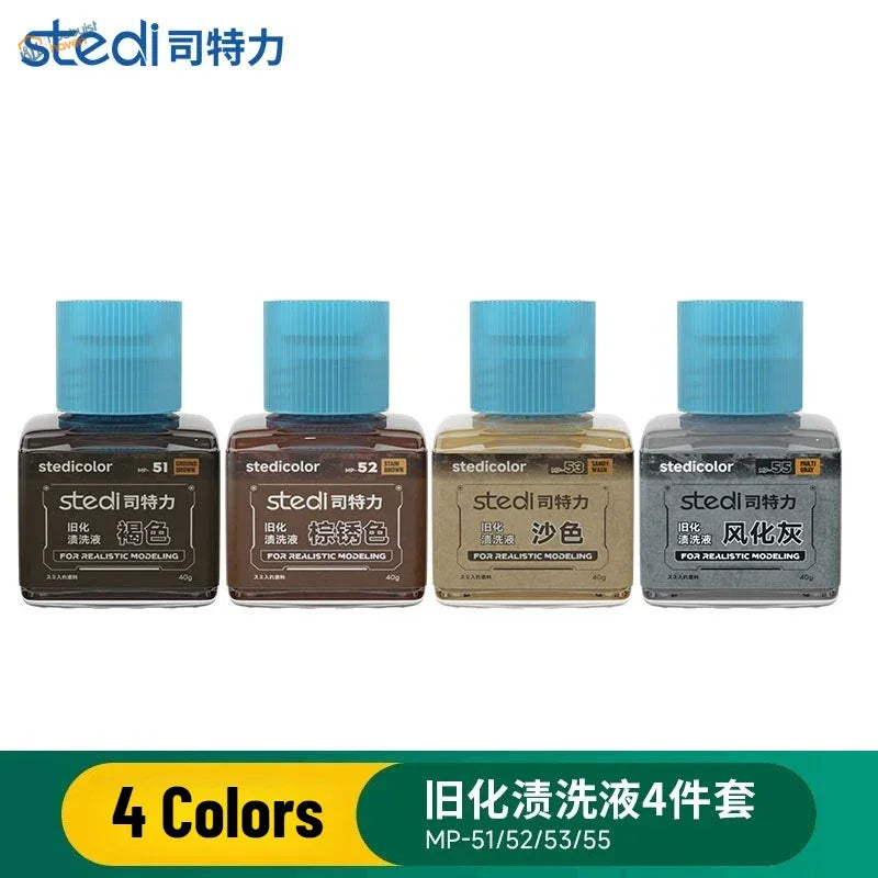 Set of four stedi weathering wash paints in dark brown rust brown tan and gray for scale models
