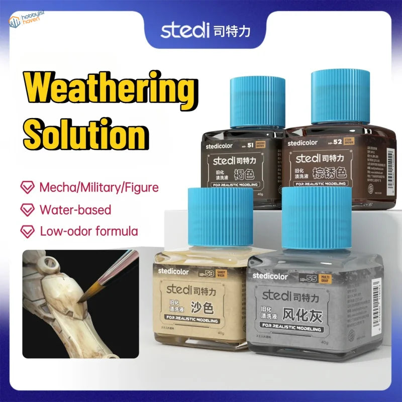 Four stedi weathering wash bottles with bright blue caps containing colored liquids for realistic scale models