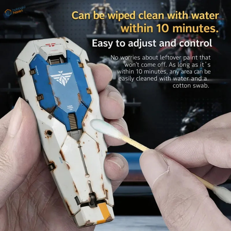 White and blue plastic gundam scale model with rust-colored weathering using stedi weathering wash details