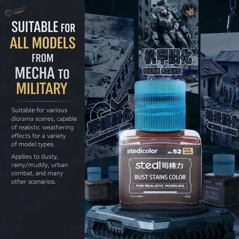 A 40g bottle of stedicolor ms-52 rust stains color with translucent brown liquid and bright blue cap for stedi weathering wash scale models