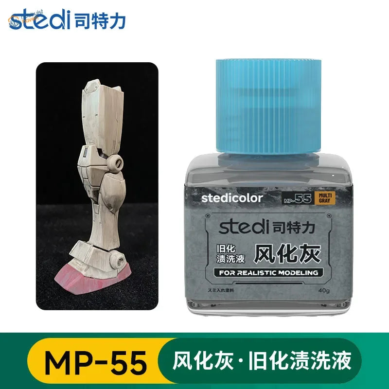 A clear bottle with light blue cap contains stedi weathering wash mp-55 multi gray for realistic aged effects on scale models