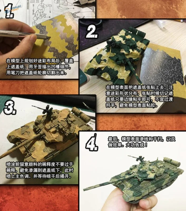 Detailed green tan camouflage tank model stencil for mask cutting