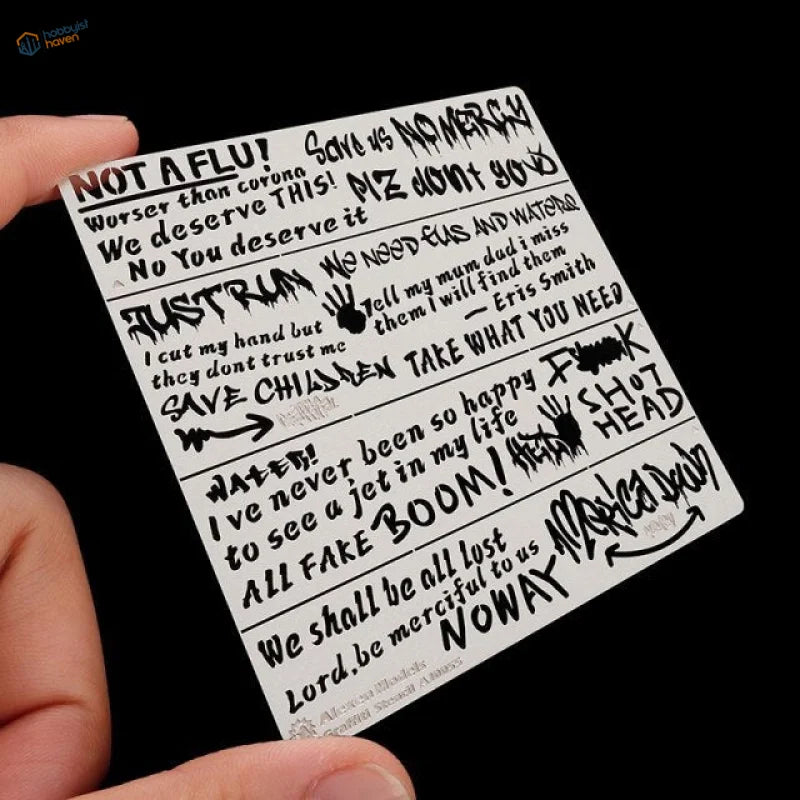 White rectangular sticker with black graffiti text for scale modeling tools