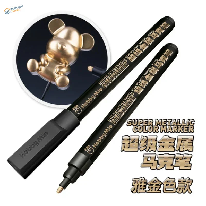 Super metallic marker pens with black body, gold nib, lettering, bear cap
