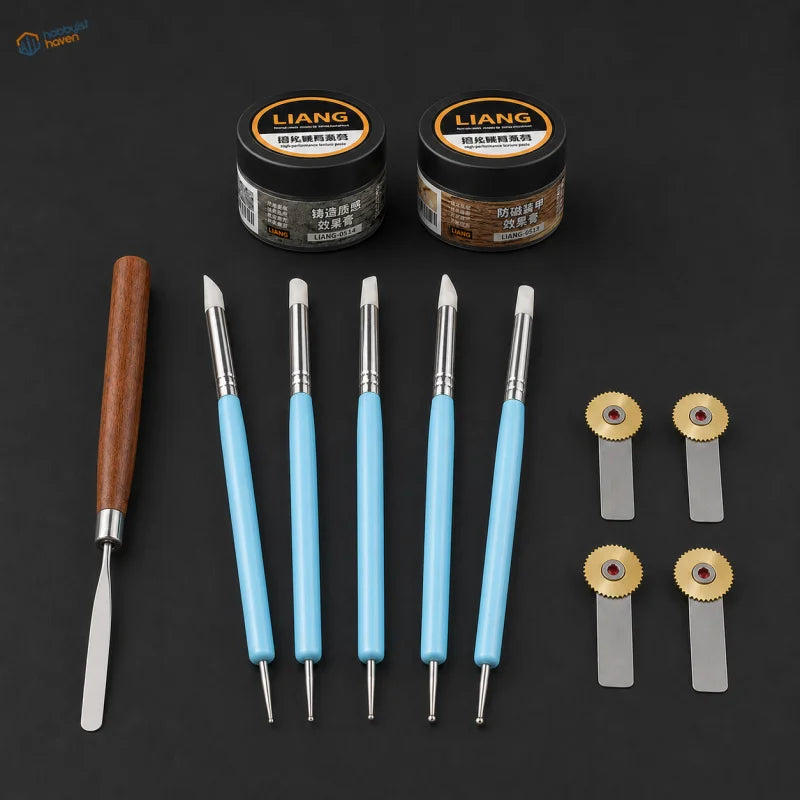 Set of four light blue-handled metal-tipped sculpting tools with wooden chisel for complete armor texturing kit