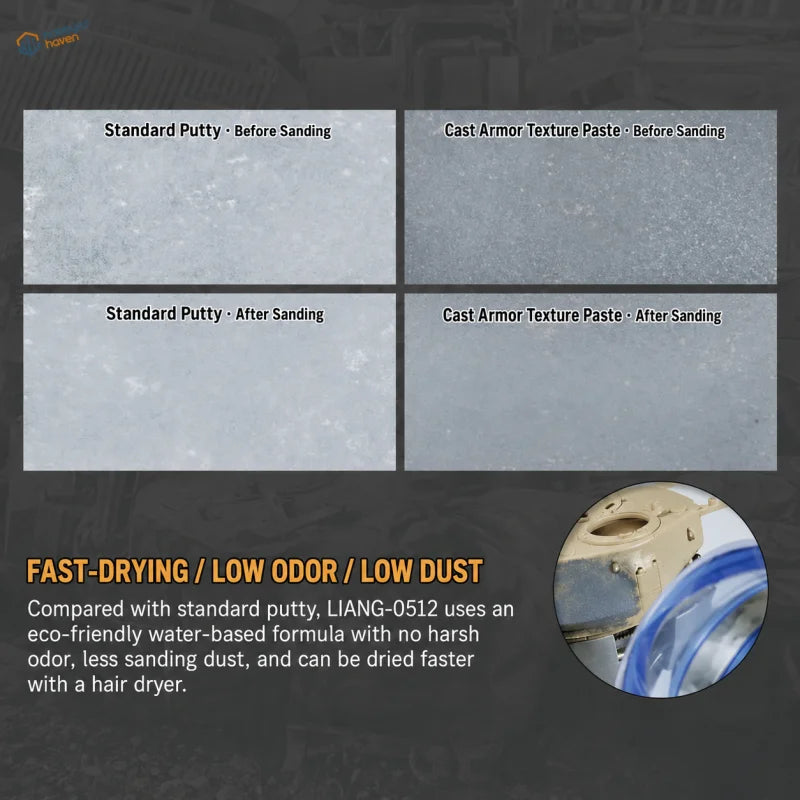Before and after sanding comparison of cast armor texture paste on scale model armor