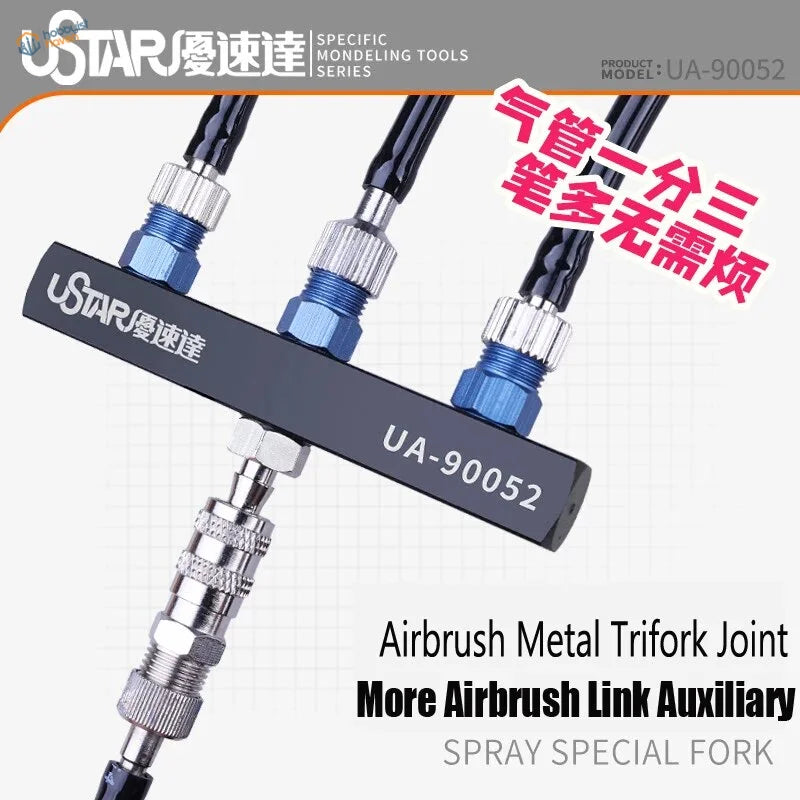 Three point airbrush joint UA-90052 by Ustar, black metal trifork with blue silver fittings