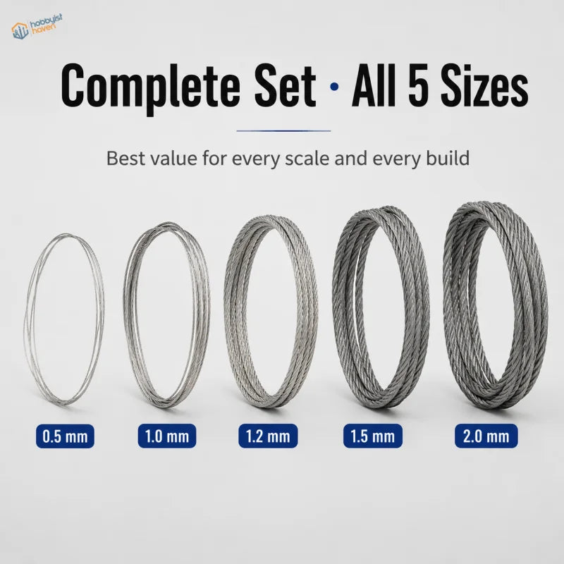 Silver steel wire tow cables for scale model tanks available in five diameters from 0.5 mm to 2.0 mm