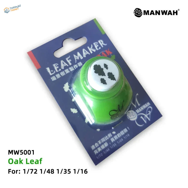 Tree leaf maker green plastic leaf punch tool with oak leaf cutouts in blue card