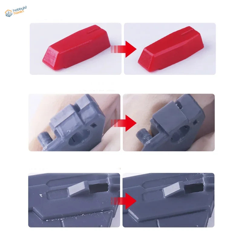 Red gray plastic Gundam model parts with triangular tungsten steel scraper