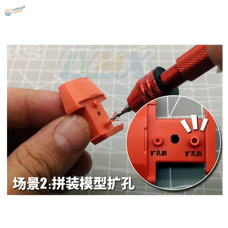 Drilling orange plastic model kit part with Tungsten Hand Drill Set