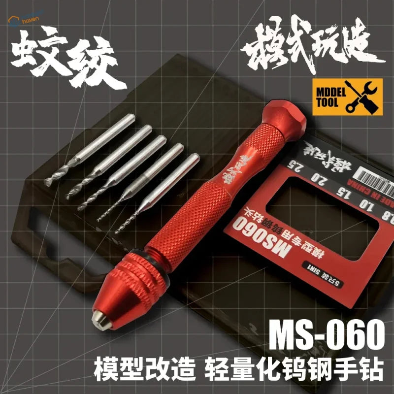 Red textured aluminum tungsten hand drill set with five silver twist bits