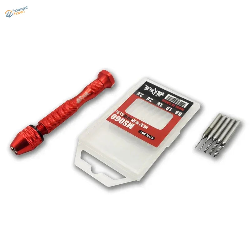 Tungsten hand drill set with red aluminum handle and metal bits