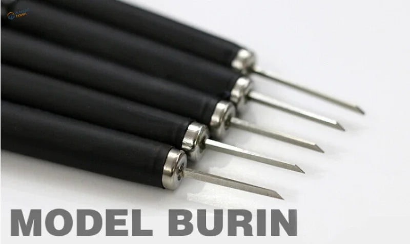Set of six tungsten steel burin engraving tools with black handles