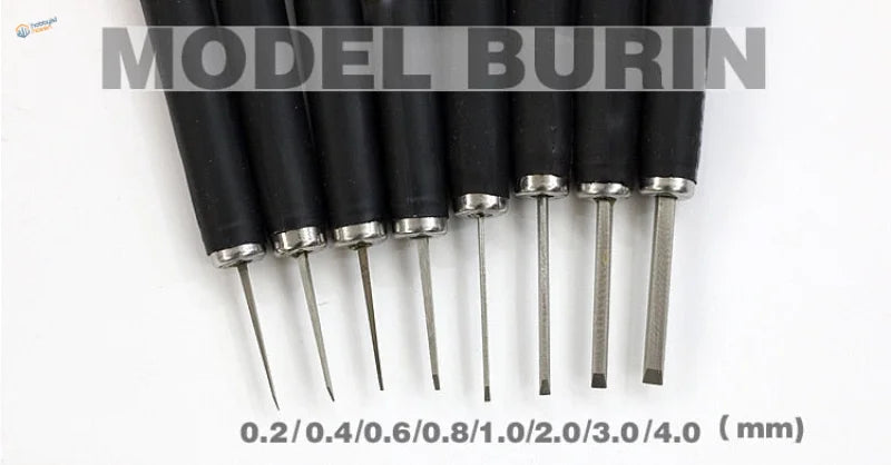 Tungsten steel burin set with black handles and silver tips