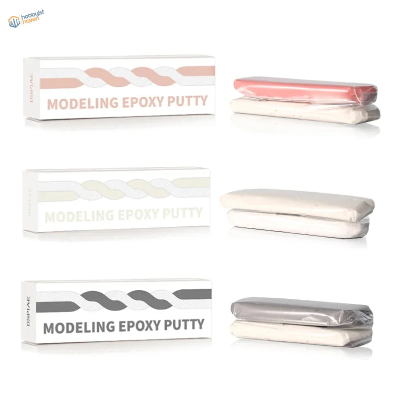 Two component epoxy putty in pink, off-white, gray packaging