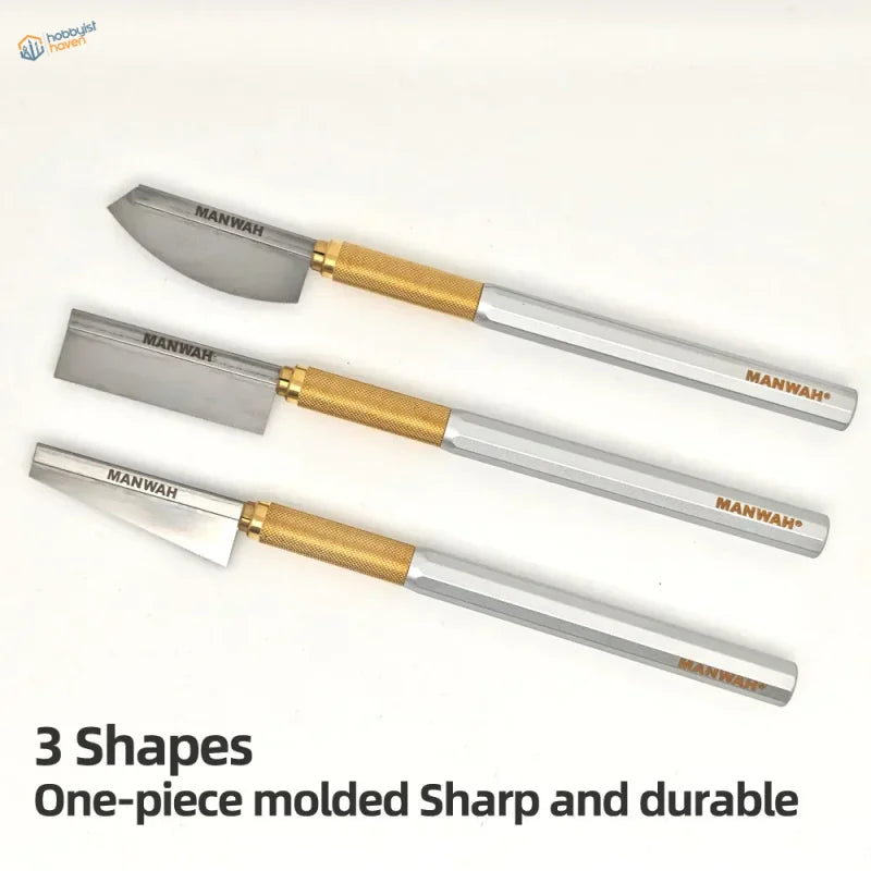 Three Manwah stainless steel modeling saws with gold handles for controlled cuts