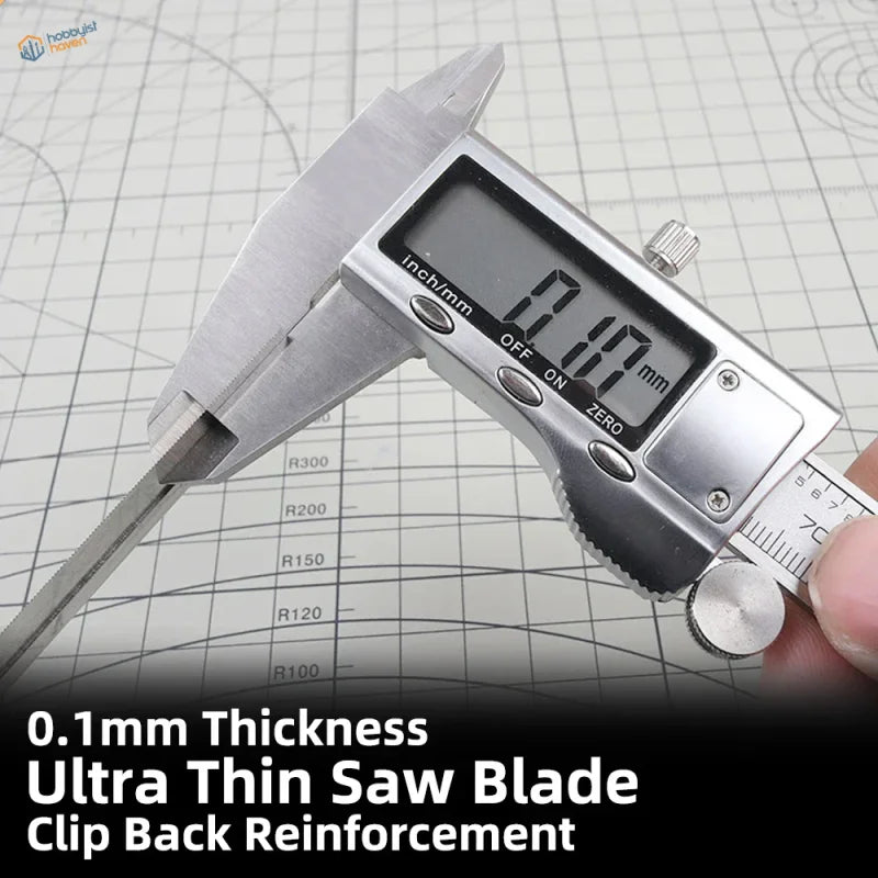 Silver digital caliper measuring ultra-thin stainless steel modeling saw blade for controlled cuts