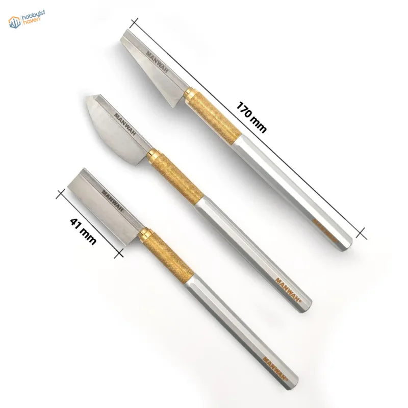 Three Manwai precision knives with stainless steel blades for controlled cuts in steel modeling saws