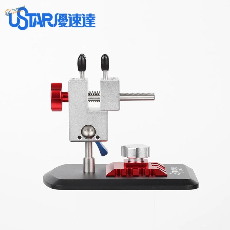 Universal precision vise with silver red clamp and black rubber handles
