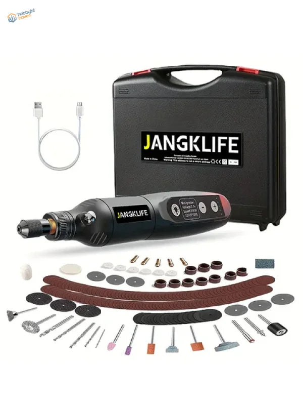 Black and red Jangklife USB mini electric drill with attachments and case