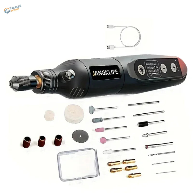 Black and red Jangk Life USB rechargeable mini electric drill with attachments