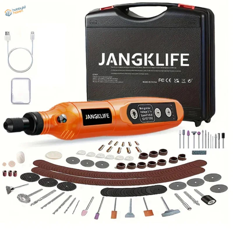 USB rechargeable orange mini electric drill with black accents, display, attachments