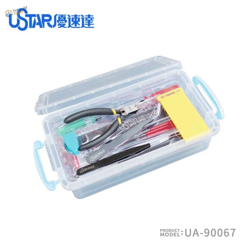 UStar 19 in 1 scale modeling toolset in clear toolbox with blue handles