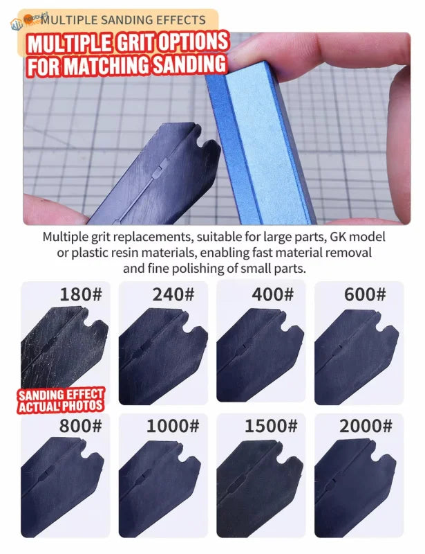 Blue metallic sanding block with multiple grit options for precision polishing using self-adhesive sandpaper sheets