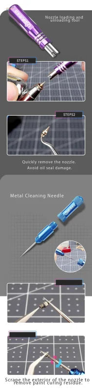 UStar airbrush cleaning tool with purple metallic nozzle and textured grip for parts handling